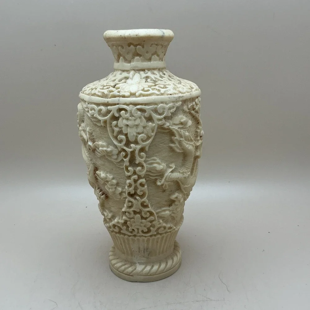 Vintage Faux Ivory Resin Dragon Vase Carved Asian Chinoiserie‎ 6 3/8